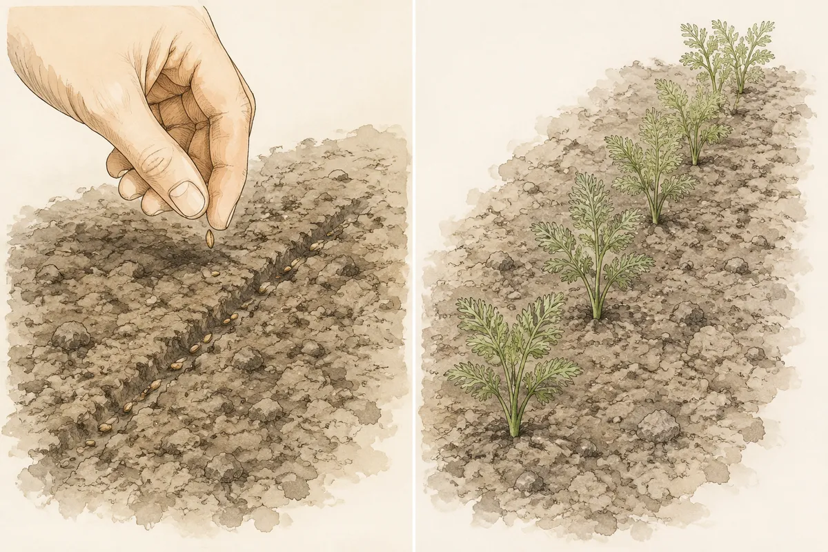 A hand sowing carrot seeds in a garden row beside young carrot plants growing directly in the bed.