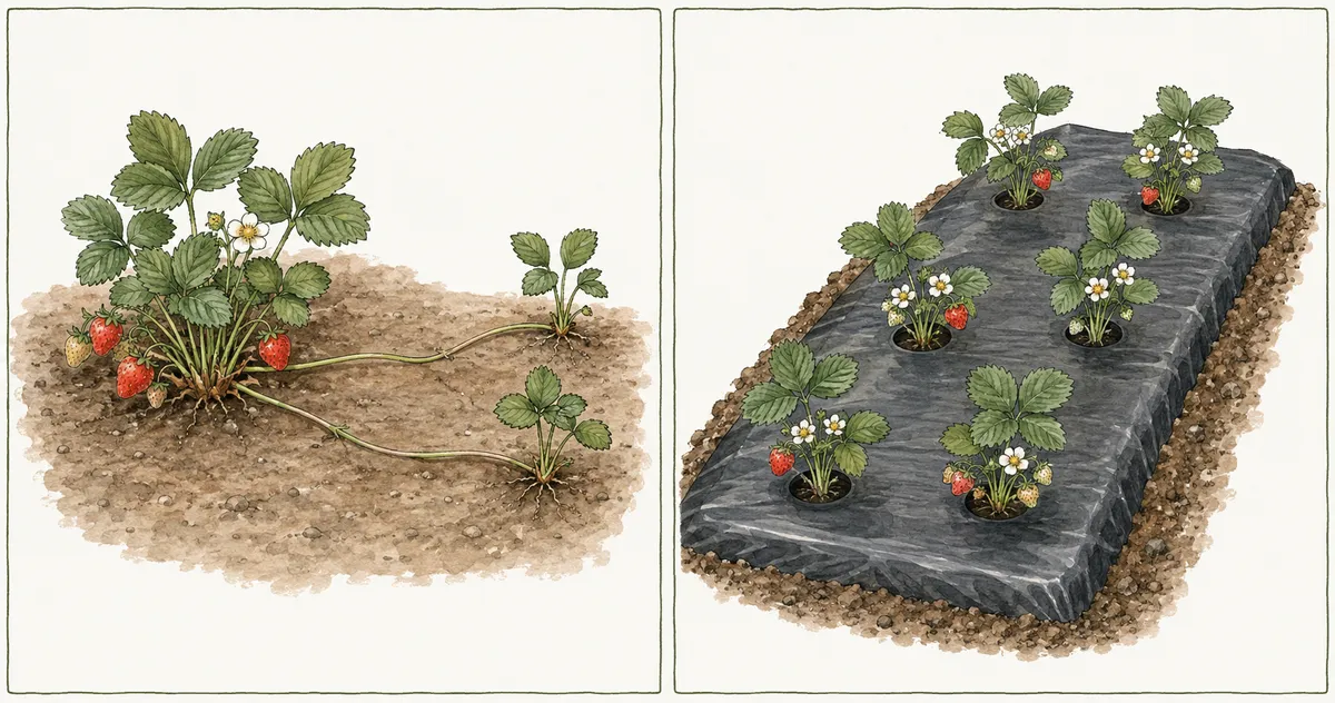 Strawberry plants spreading through runners on bare soil beside separate plants growing through plastic mulch on a raised bed.