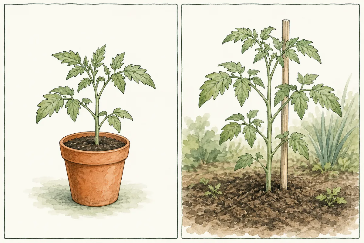 A young tomato plant in a nursery pot beside a tomato plant growing outdoors with a stake.